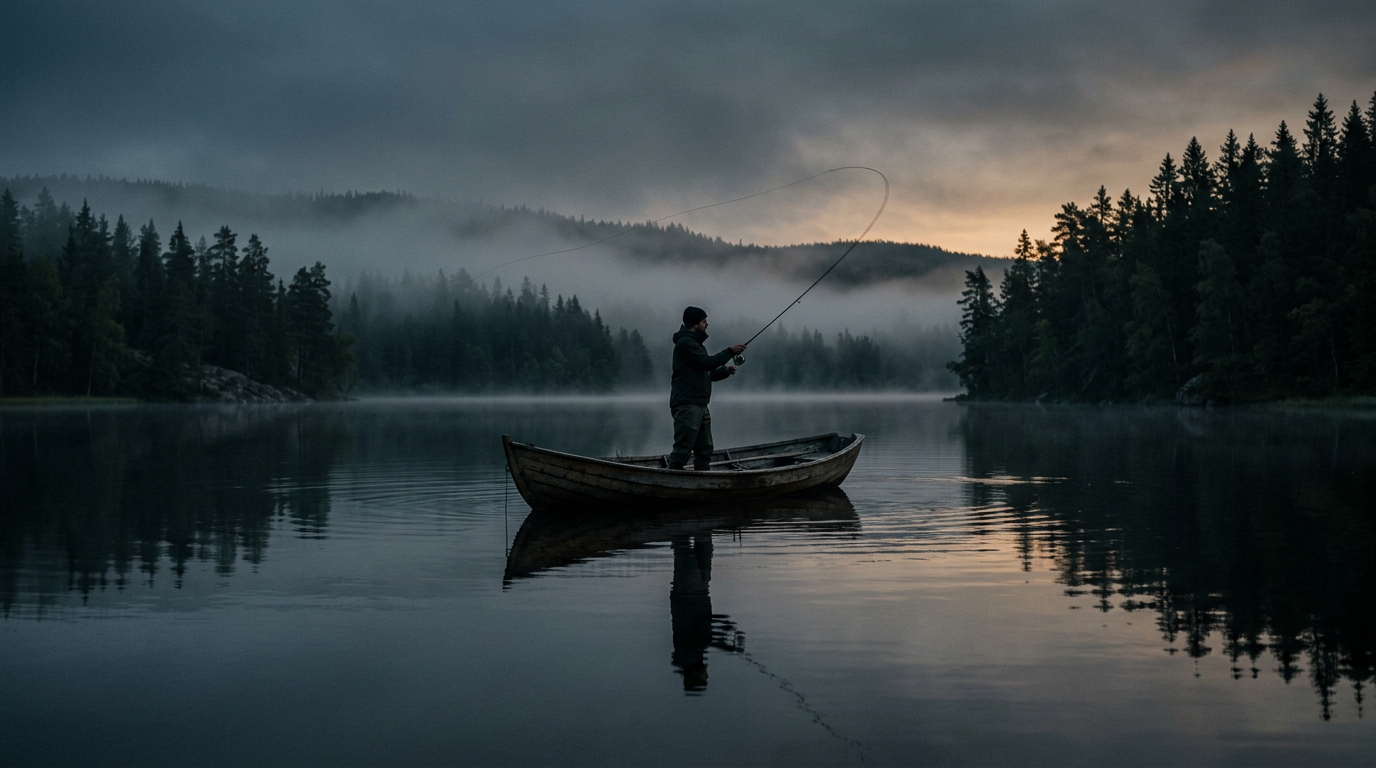 Fiskare vid svensk sjö i gryningen
